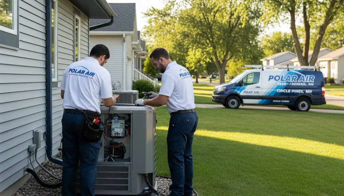 HVAC technician performing air conditioner repair service in Minneapolis MN home