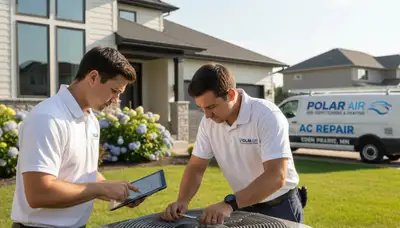 Professional AC repair technician servicing air conditioner in Minneapolis MN home