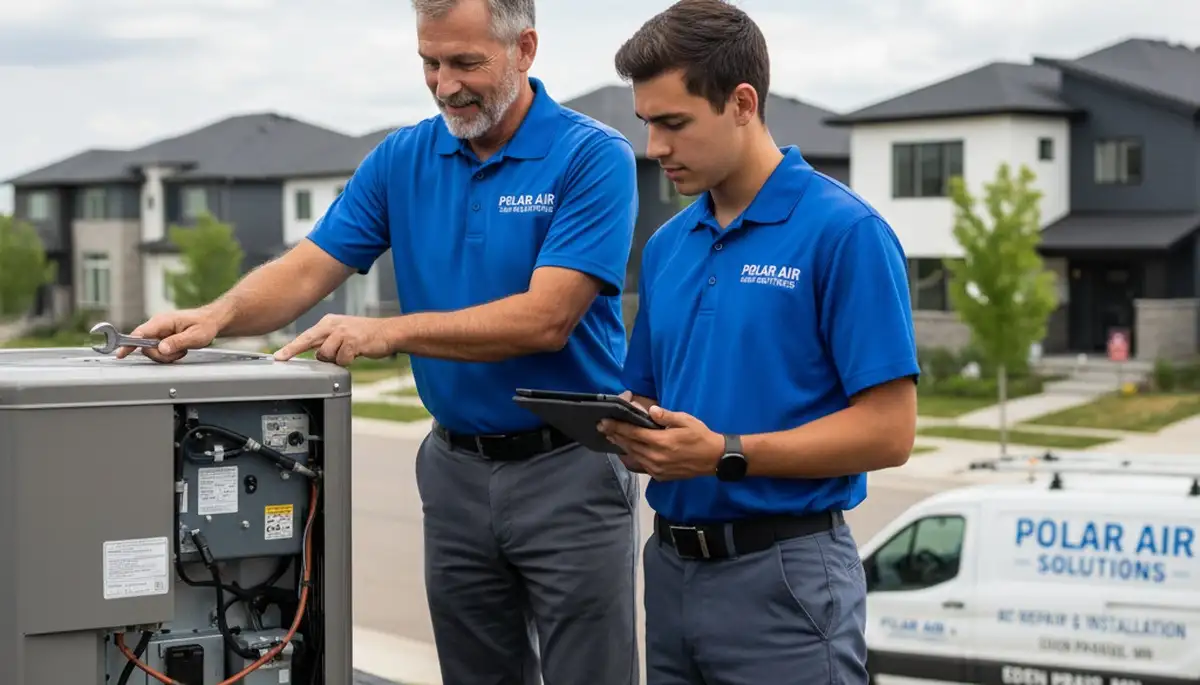 Professional AC repair technician servicing air conditioner in Minneapolis MN home