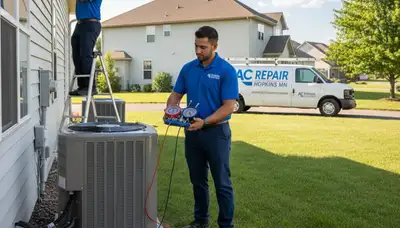 Professional AC repair technician servicing air conditioner in Minneapolis MN home