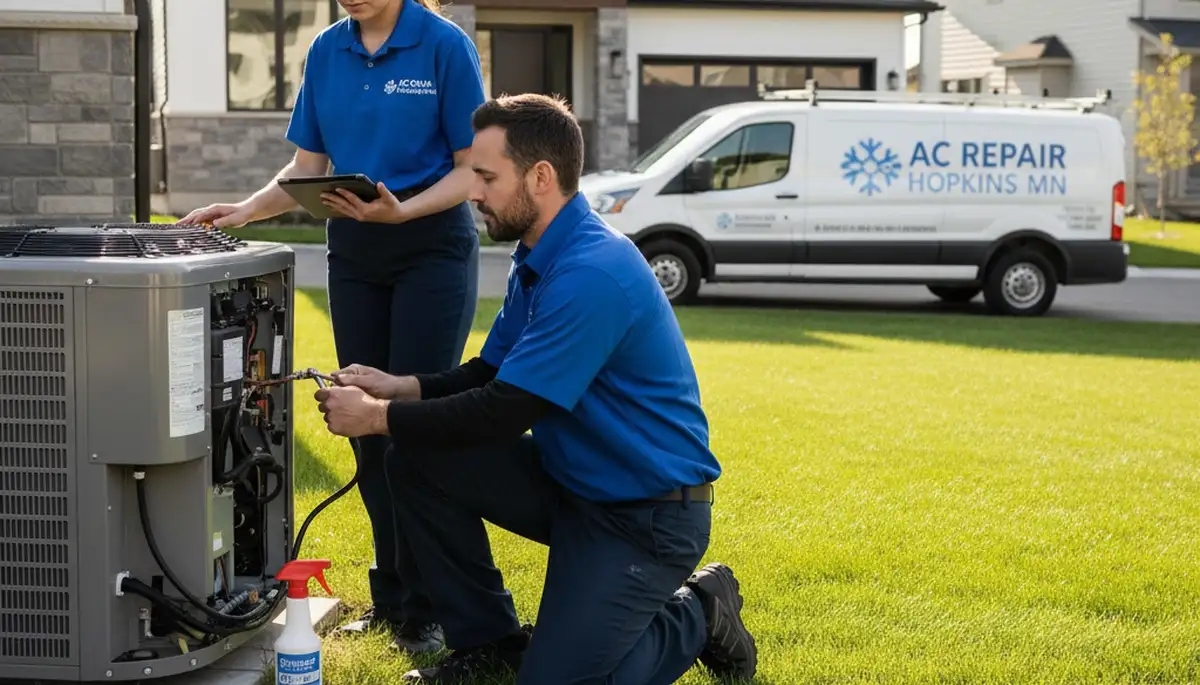 Professional AC repair technician servicing air conditioner in Minneapolis MN home