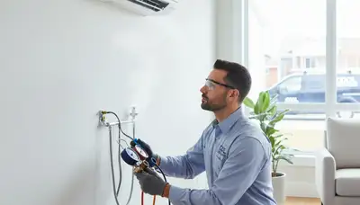Technician repairing residential air conditioner in Minneapolis MN for Five Star Cooling service