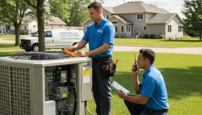 Professional AC repair technician servicing air conditioner in Minneapolis MN home