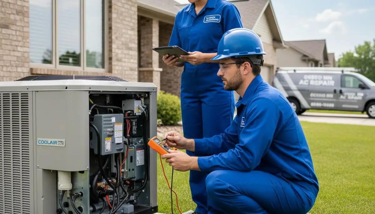 Professional AC repair technician servicing air conditioner unit in Minneapolis MN