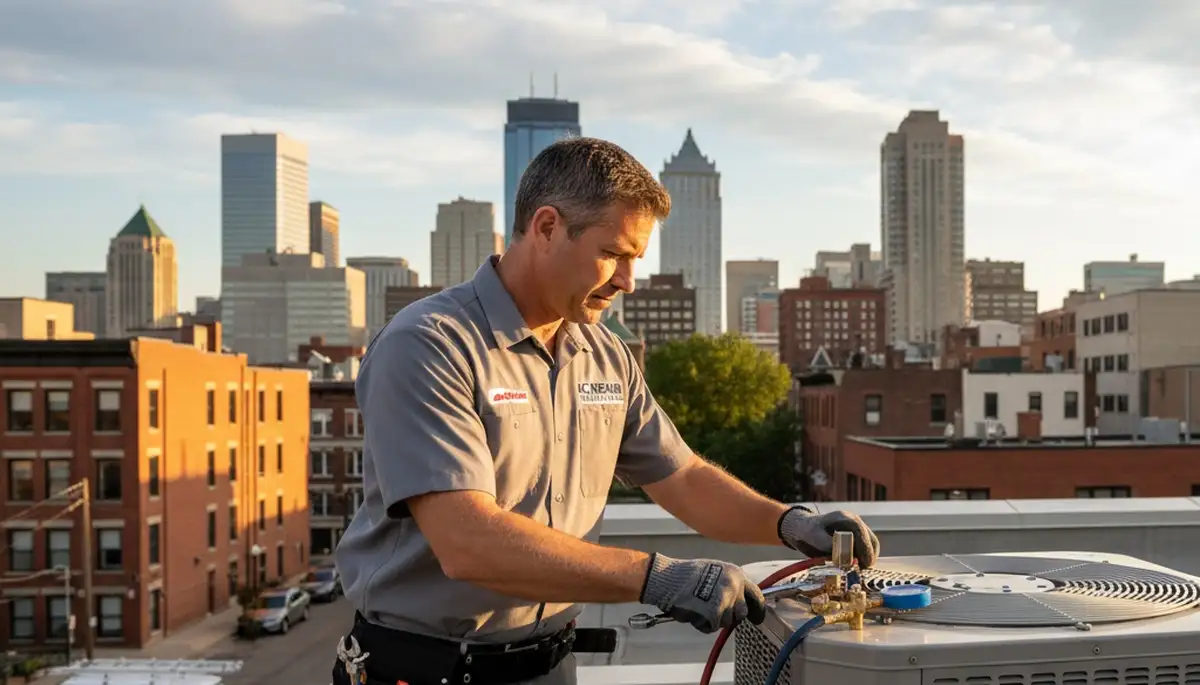 Professional AC repair technician servicing air conditioner unit in Minneapolis MN