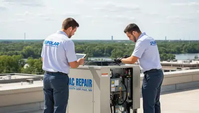Professional AC repair technician servicing air conditioner in Minneapolis MN home