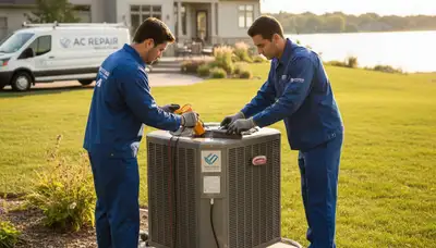 Professional AC repair technician servicing air conditioner in Minneapolis MN home