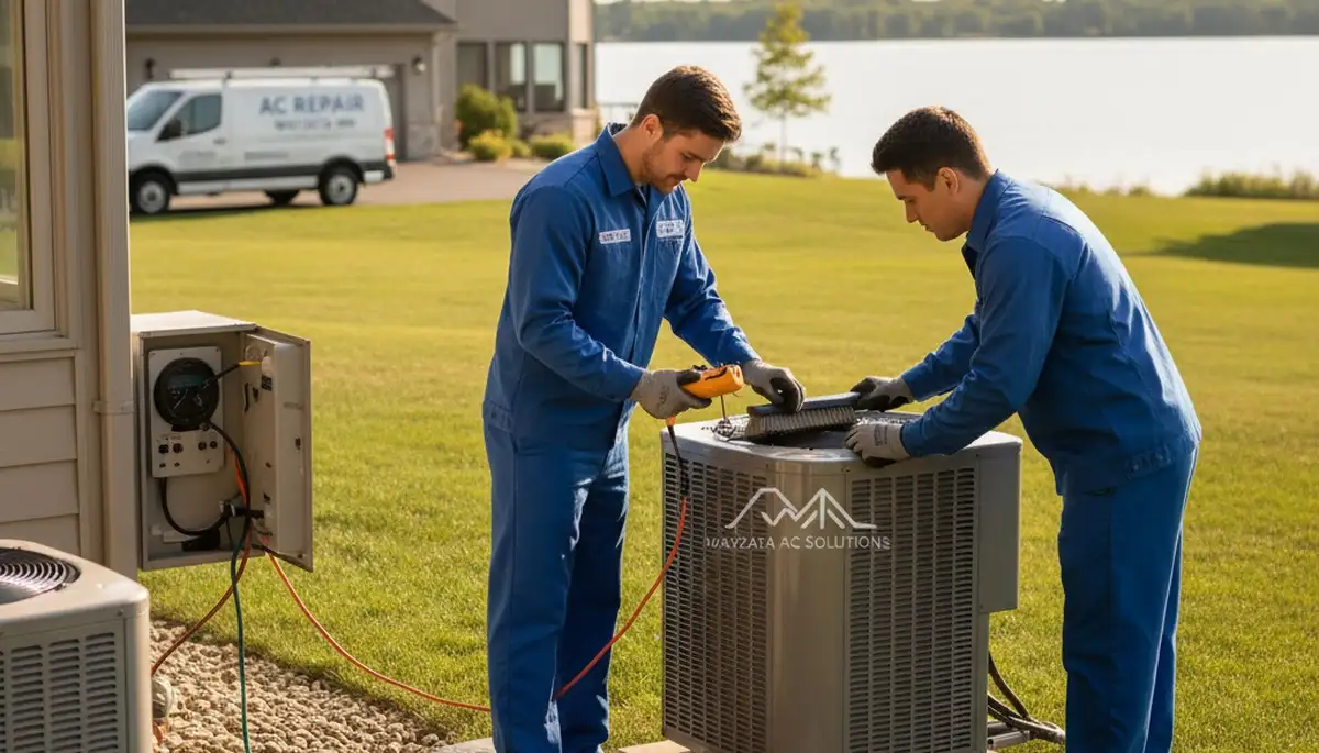 Professional AC repair technician fixing air conditioner in Minneapolis MN home