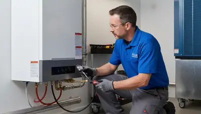 Technician performing boiler repair service in Minneapolis MN home basement heating system