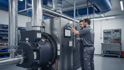 Technician performing boiler repair service in Minneapolis MN home heating system