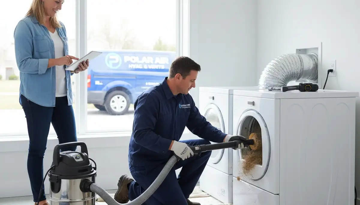Technician performing professional dryer vent cleaning service in Minneapolis, MN home