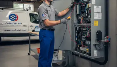 Technician performing furnace heating repair in Minneapolis MN home for Five Star Cooling
