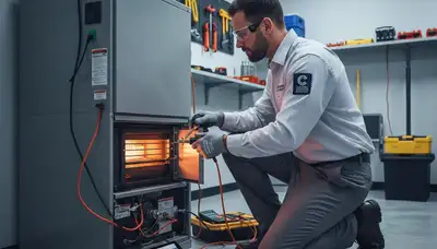 Technician performing furnace heating repair in Minneapolis MN home for Five Star Cooling