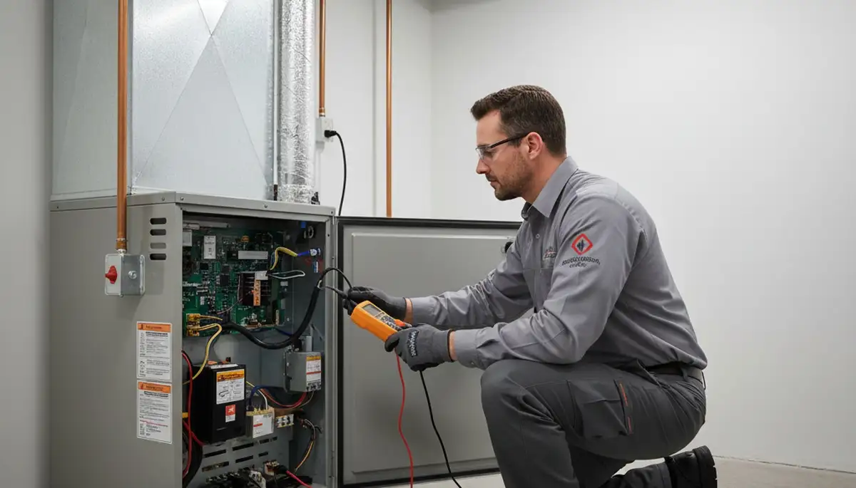 Technician performing furnace repair in Minneapolis MN for Five Star Cooling heating service