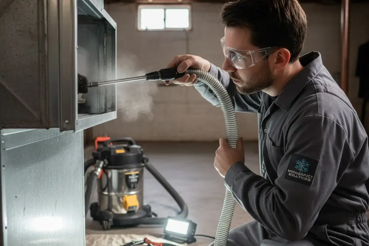 Technician cleaning air ducts with precision equipment at Minneapolis MN home for improved air quality