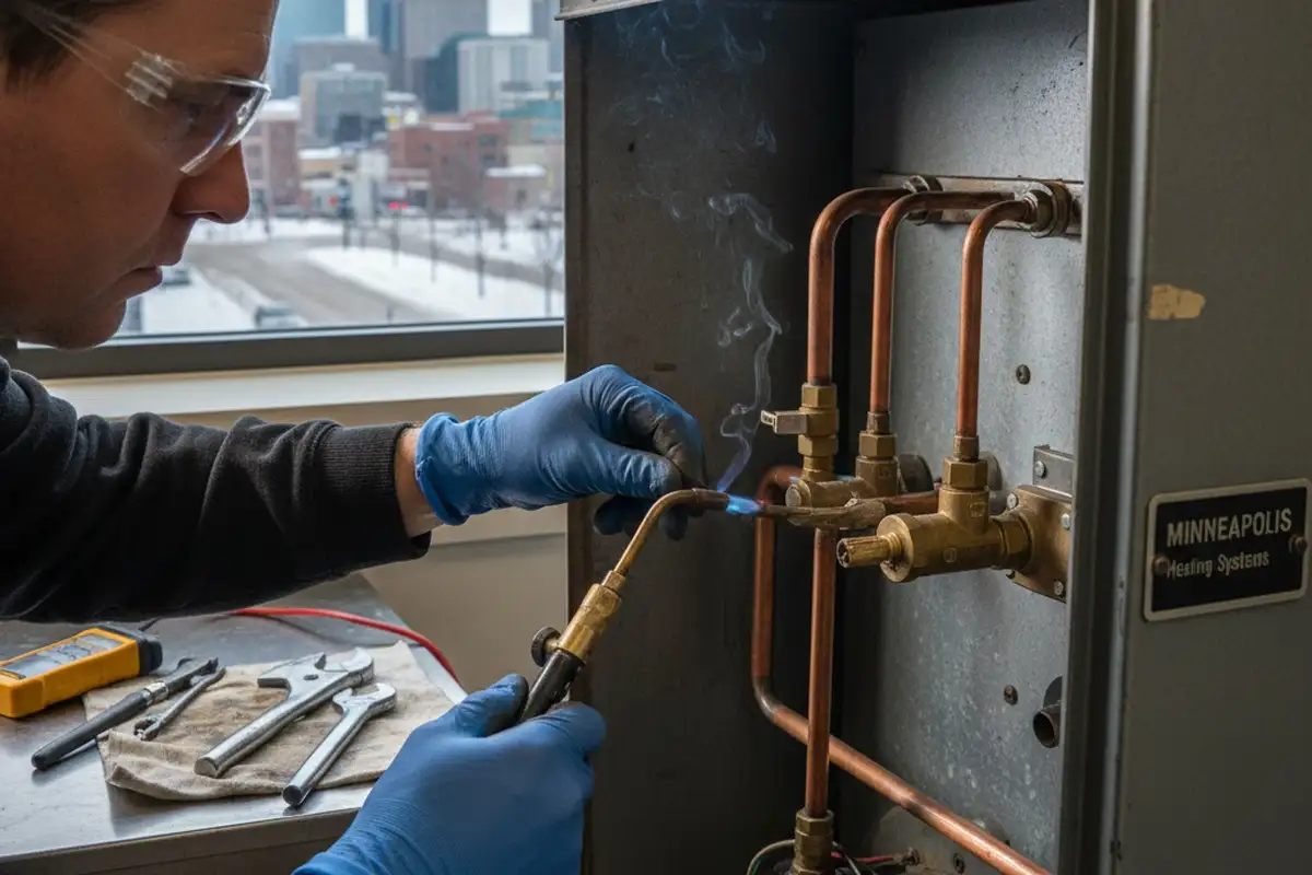 Technician performing precise boiler component repair in Minneapolis, MN for reliable heating system service