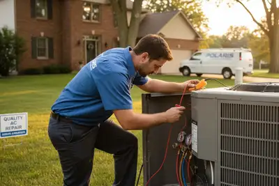 Technician performing professional AC repair service at a Minneapolis MN home