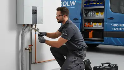 Technician performing water heater repair in Minneapolis MN for Five Star Cooling service page