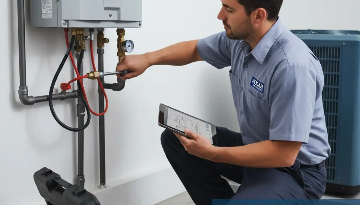 Technician repairing water heater unit in Minneapolis MN home for Five Star Cooling service
